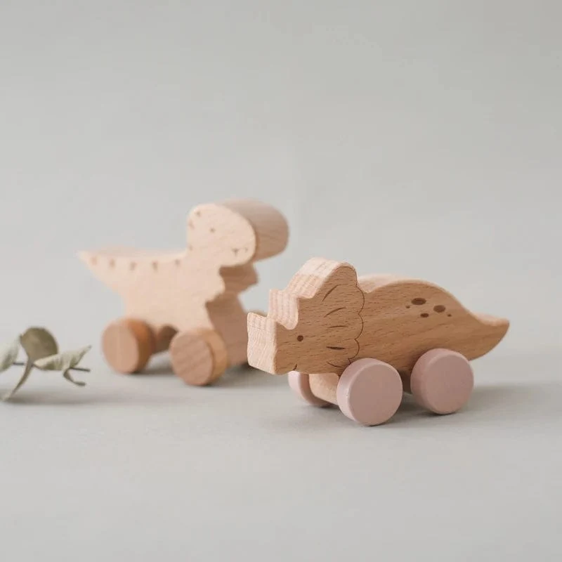 Holz Baby Auto Spielzeug Buche Holz Dinosaurier Cartoon Auto Beißring Pädagogisches Montessori Spielzeug Für Kinder Zahnen Baby Spielzeug