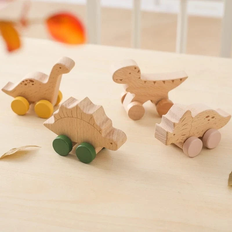 Holz Baby Auto Spielzeug Buche Holz Dinosaurier Cartoon Auto Beißring Pädagogisches Montessori Spielzeug Für Kinder Zahnen Baby Spielzeug
