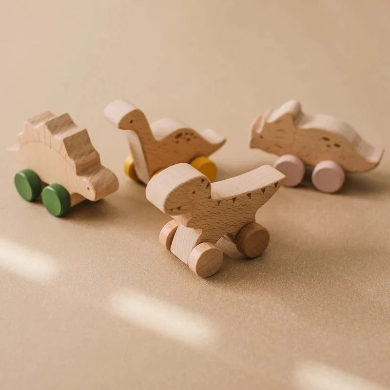 Holz Baby Auto Spielzeug Buche Holz Dinosaurier Cartoon Auto Beißring Pädagogisches Montessori Spielzeug Für Kinder Zahnen Baby Spielzeug