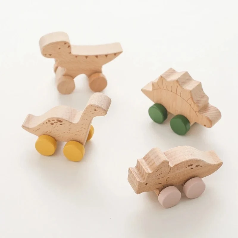 Holz Baby Auto Spielzeug Buche Holz Dinosaurier Cartoon Auto Beißring Pädagogisches Montessori Spielzeug Für Kinder Zahnen Baby Spielzeug