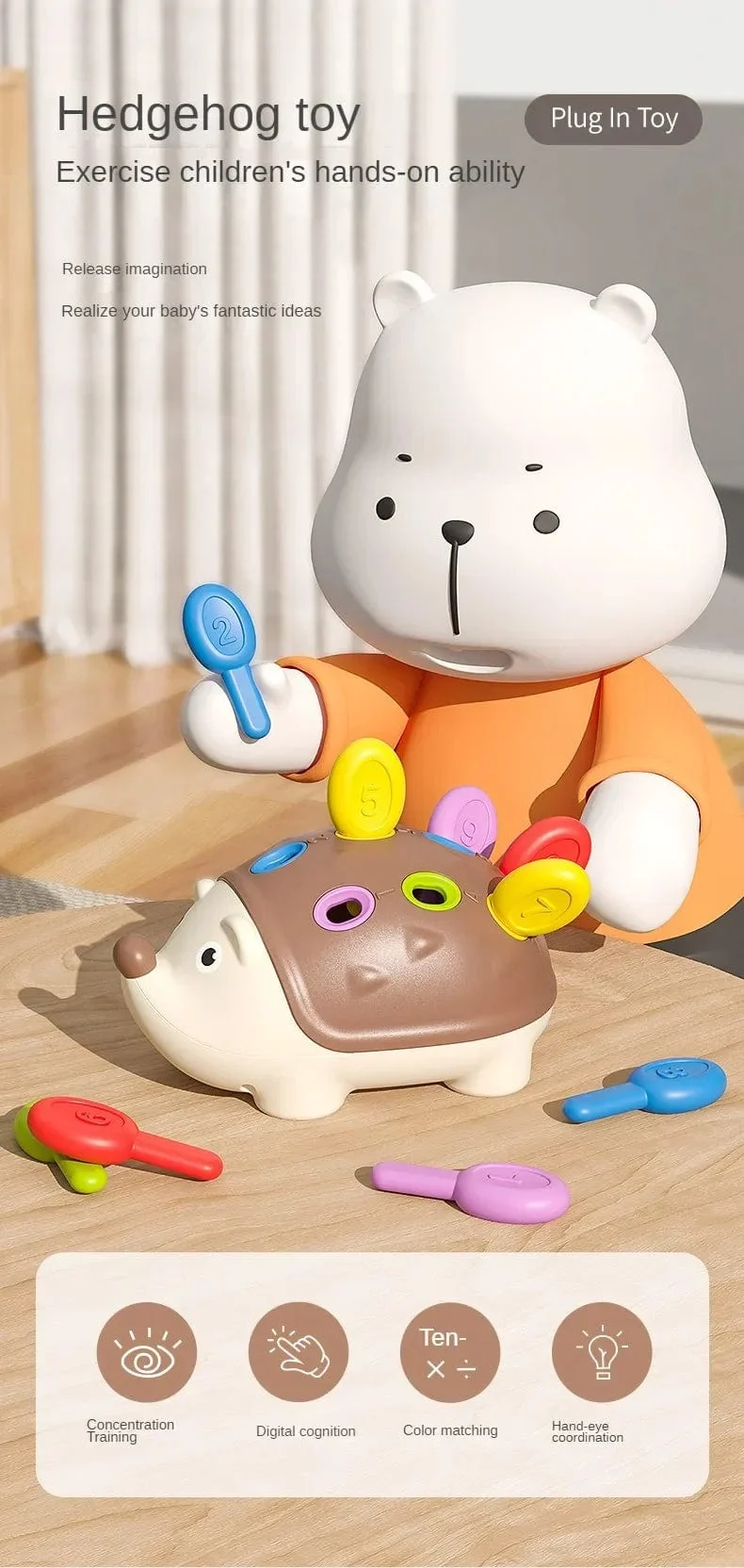 Montessori-Lernspielzeug, Feinmotorik-Spielzeug für Kleinkinder von 1–3 Jahren, Igel-Lernen, Zählen und Sortieren, Entwicklung sensorischer Geschenke