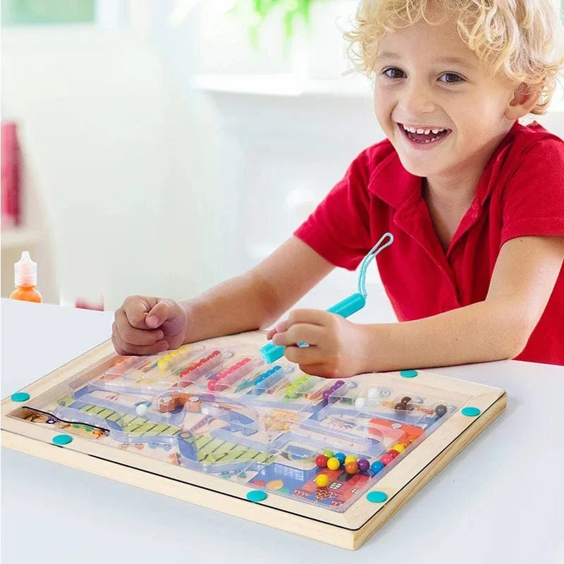 Montessori Magnetische Farbsortierspiele, Labyrinthbrett, Stift- und Perlenspiele mit beweglichen Holzsteuerungen, sensorisches Spielen, Lernspielzeug für Kinder