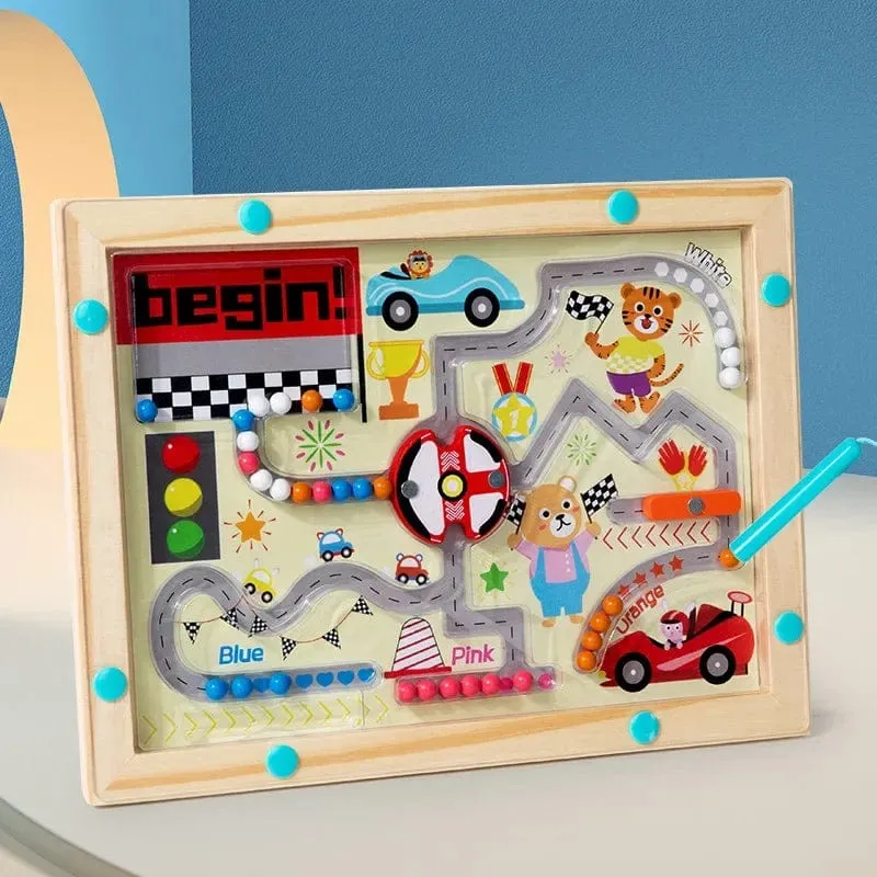 Montessori Magnetische Farbsortierspiele, Labyrinthbrett, Stift- und Perlenspiele mit beweglichen Holzsteuerungen, sensorisches Spielen, Lernspielzeug für Kinder