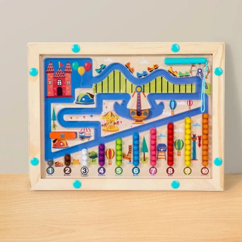 Montessori Magnetische Farbsortierspiele, Labyrinthbrett, Stift- und Perlenspiele mit beweglichen Holzsteuerungen, sensorisches Spielen, Lernspielzeug für Kinder