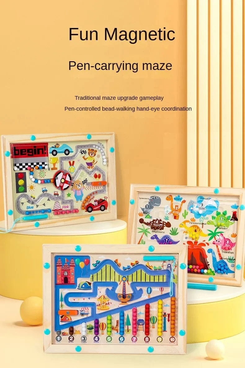 Montessori Magnetische Farbsortierspiele, Labyrinthbrett, Stift- und Perlenspiele mit beweglichen Holzsteuerungen, sensorisches Spielen, Lernspielzeug für Kinder