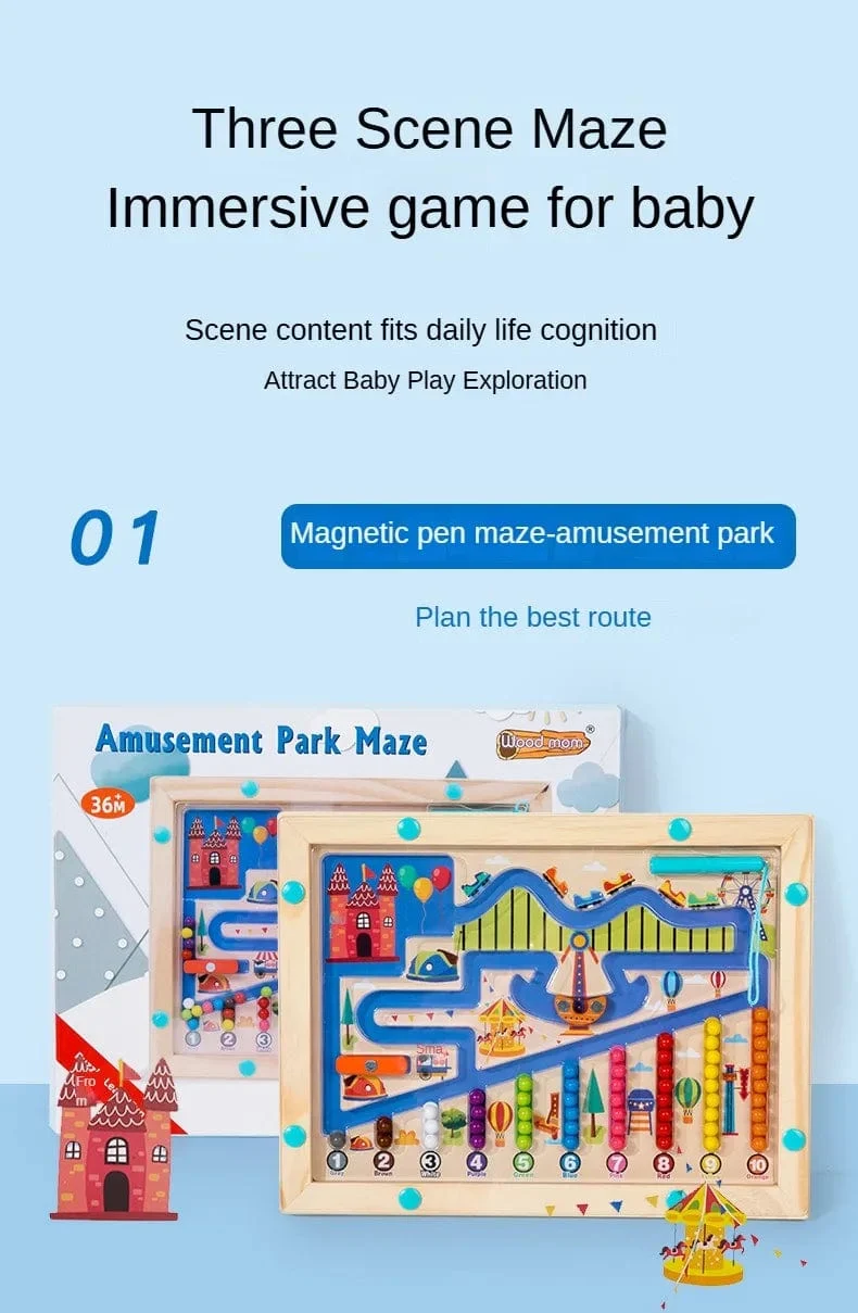 Montessori Magnetische Farbsortierspiele, Labyrinthbrett, Stift- und Perlenspiele mit beweglichen Holzsteuerungen, sensorisches Spielen, Lernspielzeug für Kinder