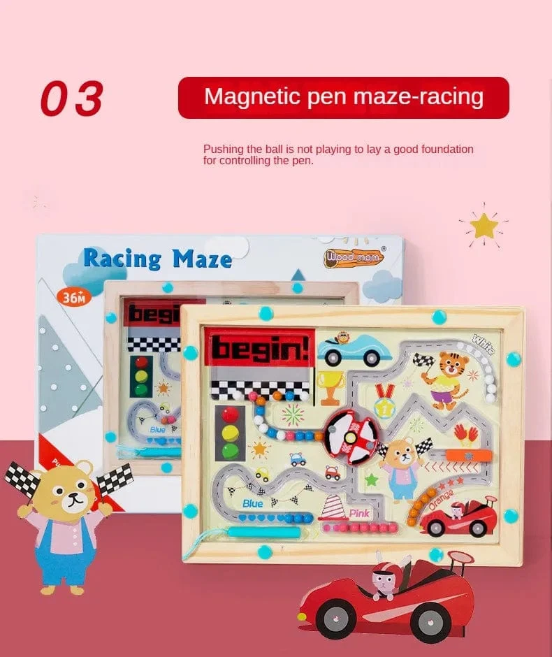 Montessori Magnetische Farbsortierspiele, Labyrinthbrett, Stift- und Perlenspiele mit beweglichen Holzsteuerungen, sensorisches Spielen, Lernspielzeug für Kinder
