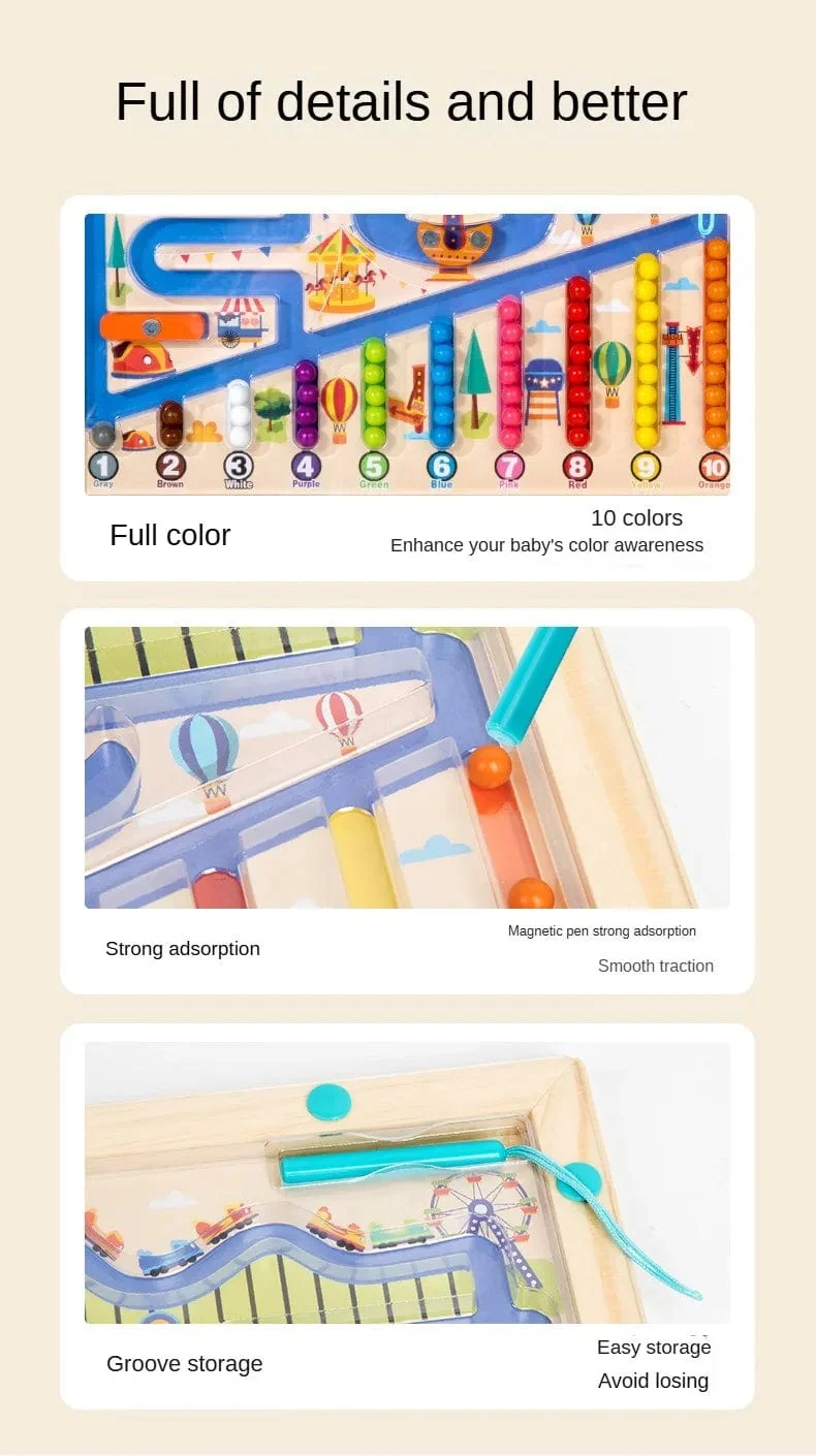 Montessori Magnetische Farbsortierspiele, Labyrinthbrett, Stift- und Perlenspiele mit beweglichen Holzsteuerungen, sensorisches Spielen, Lernspielzeug für Kinder