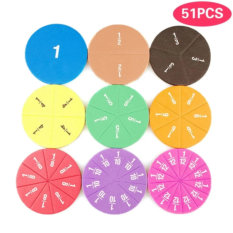 51-teiliges Mathematik-Lehrmittel für Brüche, EVA, rundes Instrument, Montessori-Spielzeug für Kinder, frühe pädagogische Mathematikentwicklung, STEM-Spielzeug, Geschenke