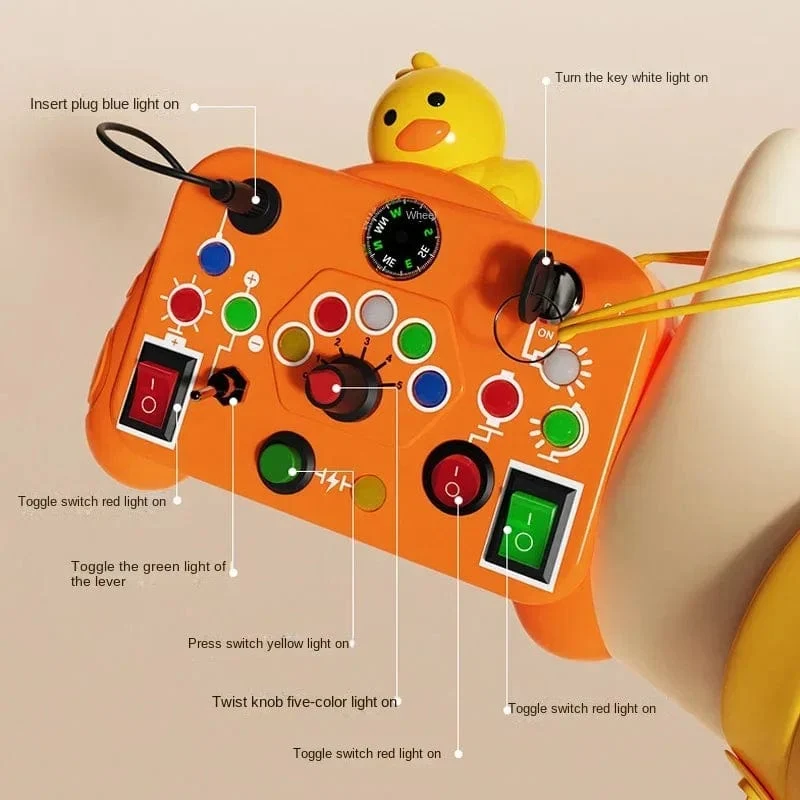 Montessori Busy Board Sensorisches Spielzeug Cartoon mit LED-Lichtschalter-Steuertafel Reiseaktivitäten Kinderspiel für 2–4 Jahre alt