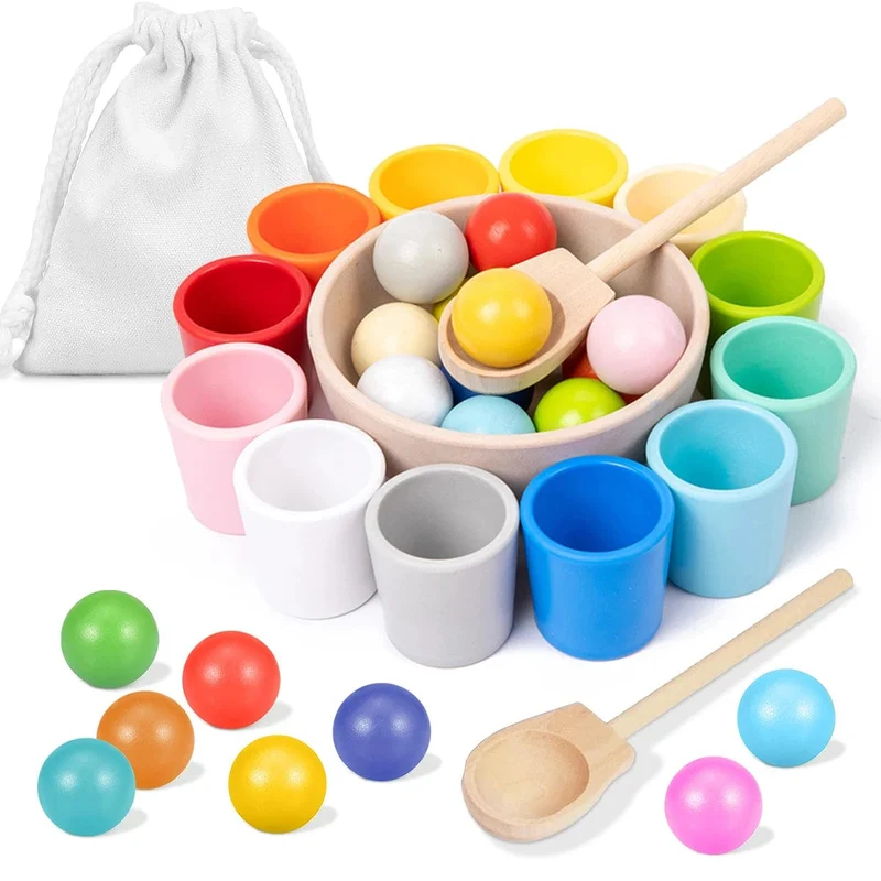 Baby Montessori Holzspielzeug Regenbogenball und Becher Farbsortierspiele Feinmotorik Frühpädagogik Lernspielzeug Geschenke für Kinder