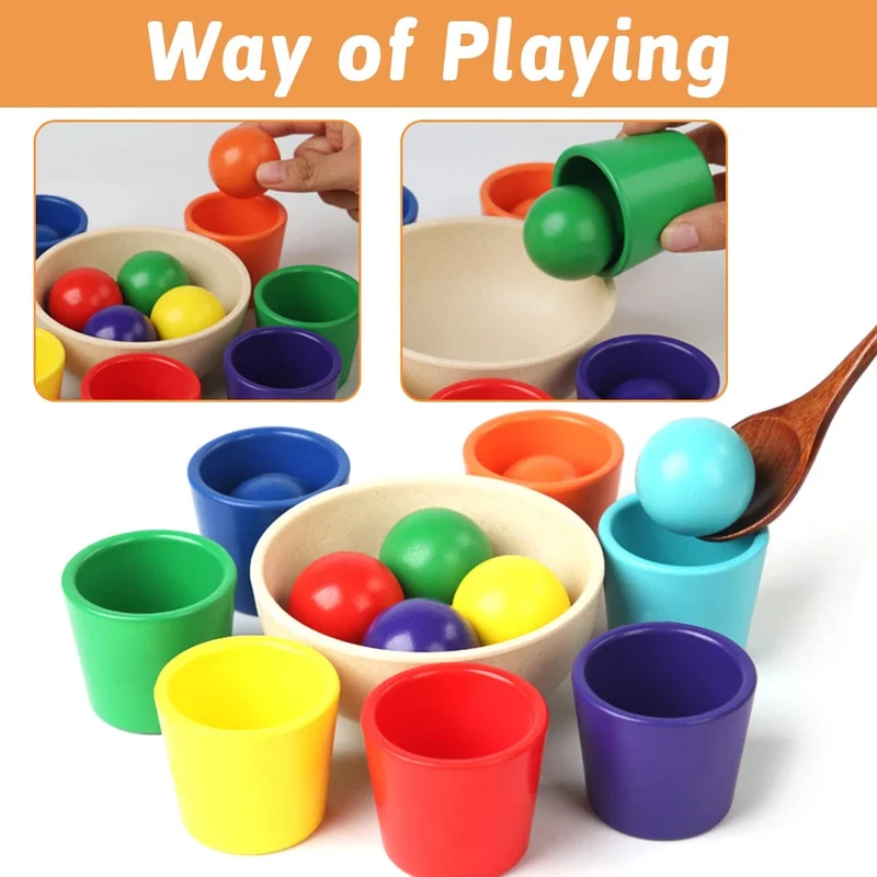 Baby Montessori Holzspielzeug Regenbogenball und Becher Farbsortierspiele Feinmotorik Frühpädagogik Lernspielzeug Geschenke für Kinder