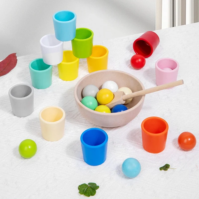Baby Montessori Holzspielzeug Regenbogenball und Becher Farbsortierspiele Feinmotorik Frühpädagogik Lernspielzeug Geschenke für Kinder