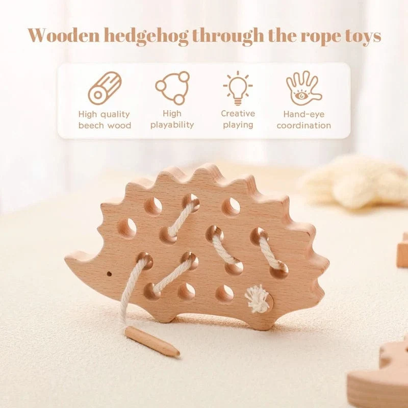 Holz-Igel-Fädelbrett, Montessori-Spielzeug, Buchenholz, Lernspielzeug, Knopf-Perlenblöcke, Puzzle-Spielzeug, Baby-Geschenke