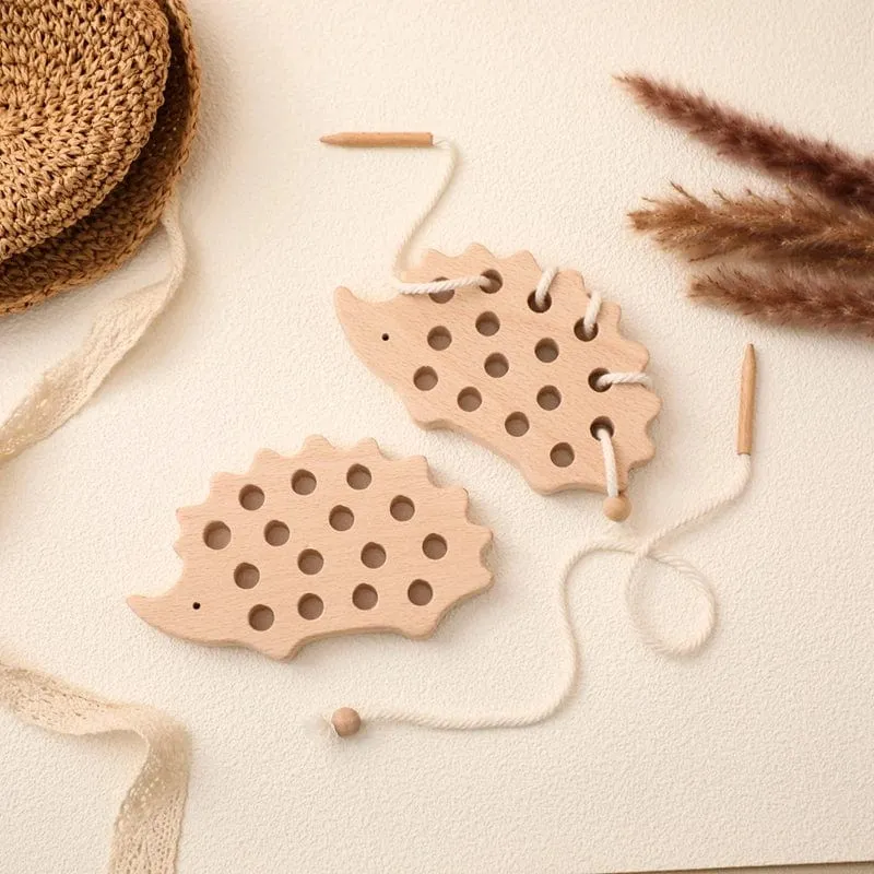 Holz-Igel-Fädelbrett, Montessori-Spielzeug, Buchenholz, Lernspielzeug, Knopf-Perlenblöcke, Puzzle-Spielzeug, Baby-Geschenke