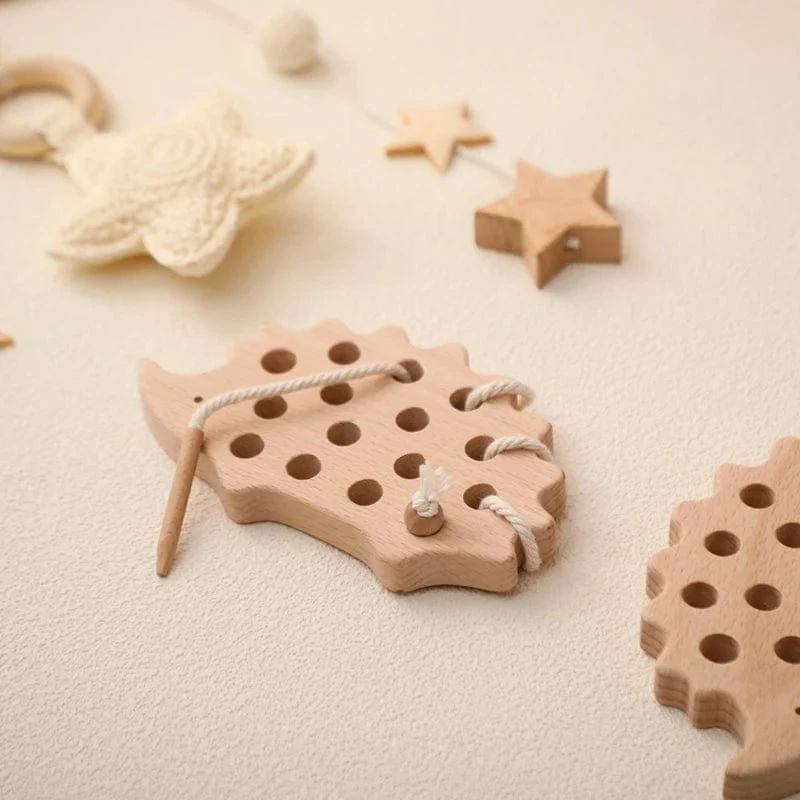 Holz-Igel-Fädelbrett, Montessori-Spielzeug, Buchenholz, Lernspielzeug, Knopf-Perlenblöcke, Puzzle-Spielzeug, Baby-Geschenke