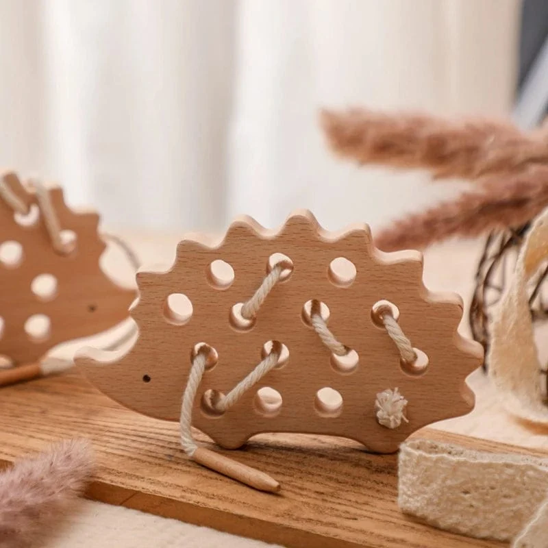 Holz-Igel-Fädelbrett, Montessori-Spielzeug, Buchenholz, Lernspielzeug, Knopf-Perlenblöcke, Puzzle-Spielzeug, Baby-Geschenke