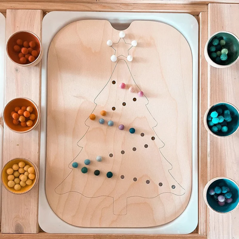 Montessori Sensorisches Tablett Brettspiel aus Holz für Kinder Weihnachtsbaum Eichel Farbsortierer Frühe Bildung Ausbildung Lernspielzeug