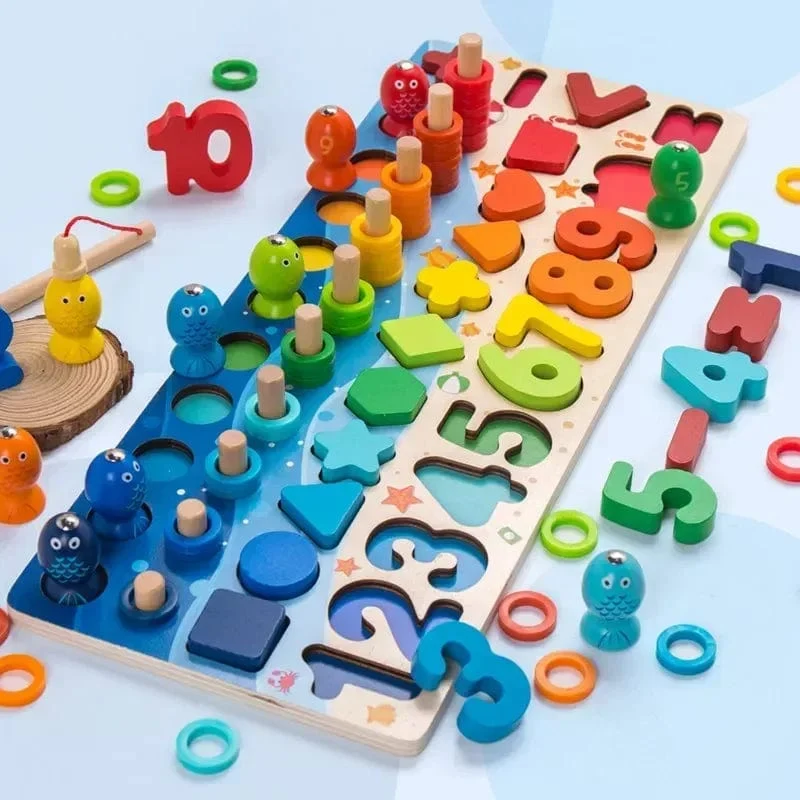 Kinder Montessori Mathe-Spielzeug für Kleinkinder, pädagogisches Holzpuzzle, Angelspielzeug, Zählen, Zahlen, Formen, passende Sortierspiele, Brettspielzeug