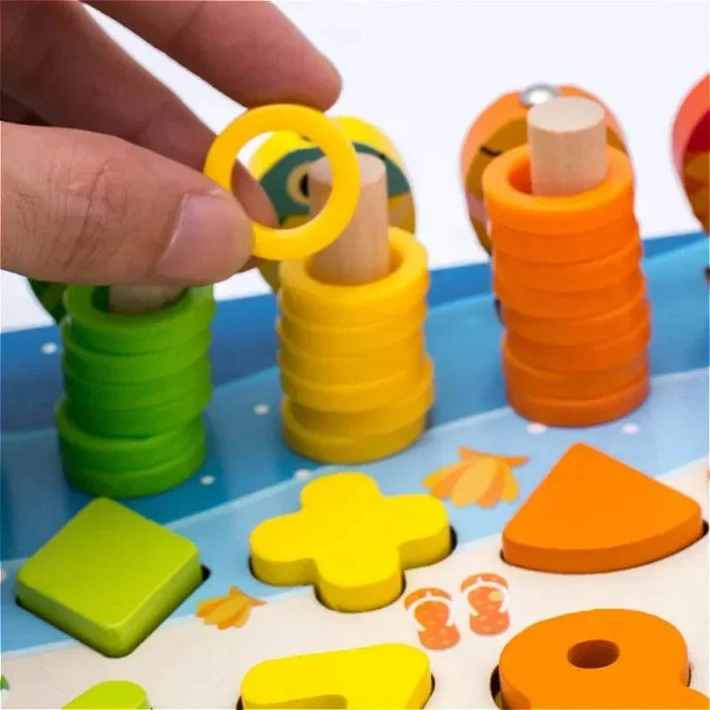 Kinder Montessori Mathe-Spielzeug für Kleinkinder, pädagogisches Holzpuzzle, Angelspielzeug, Zählen, Zahlen, Formen, passende Sortierspiele, Brettspielzeug