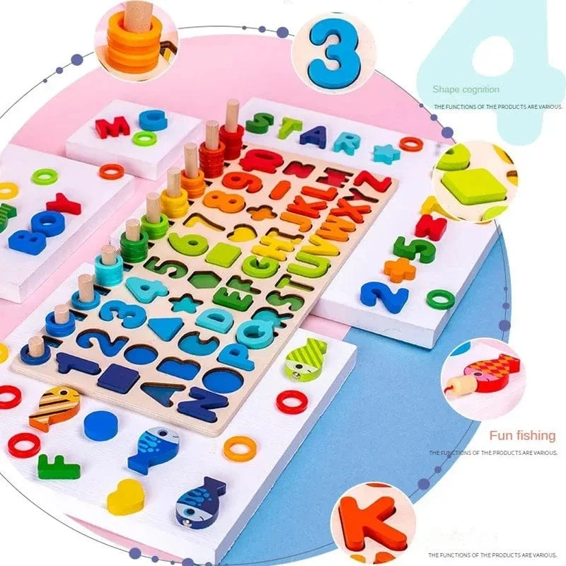 Kinder Montessori Mathe-Spielzeug für Kleinkinder, pädagogisches Holzpuzzle, Angelspielzeug, Zählen, Zahlen, Formen, passende Sortierspiele, Brettspielzeug