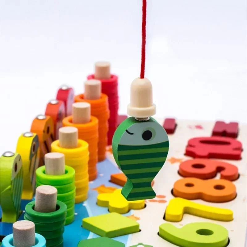 Kinder Montessori Mathe-Spielzeug für Kleinkinder, pädagogisches Holzpuzzle, Angelspielzeug, Zählen, Zahlen, Formen, passende Sortierspiele, Brettspielzeug