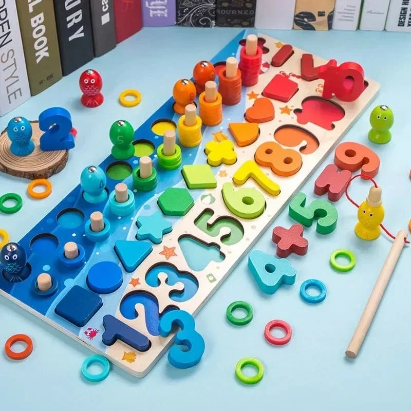 Kinder Montessori Mathe-Spielzeug für Kleinkinder, pädagogisches Holzpuzzle, Angelspielzeug, Zählen, Zahlen, Formen, passende Sortierspiele, Brettspielzeug