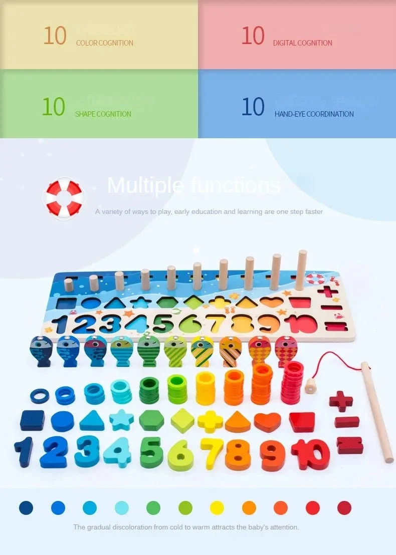 Kinder Montessori Mathe-Spielzeug für Kleinkinder, pädagogisches Holzpuzzle, Angelspielzeug, Zählen, Zahlen, Formen, passende Sortierspiele, Brettspielzeug