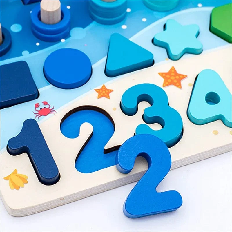 Kinder Montessori Mathe-Spielzeug für Kleinkinder, pädagogisches Holzpuzzle, Angelspielzeug, Zählen, Zahlen, Formen, passende Sortierspiele, Brettspielzeug