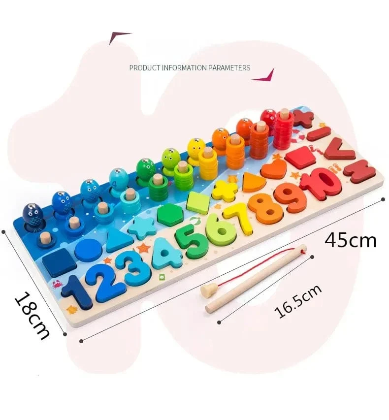 Kinder Montessori Mathe-Spielzeug für Kleinkinder, pädagogisches Holzpuzzle, Angelspielzeug, Zählen, Zahlen, Formen, passende Sortierspiele, Brettspielzeug