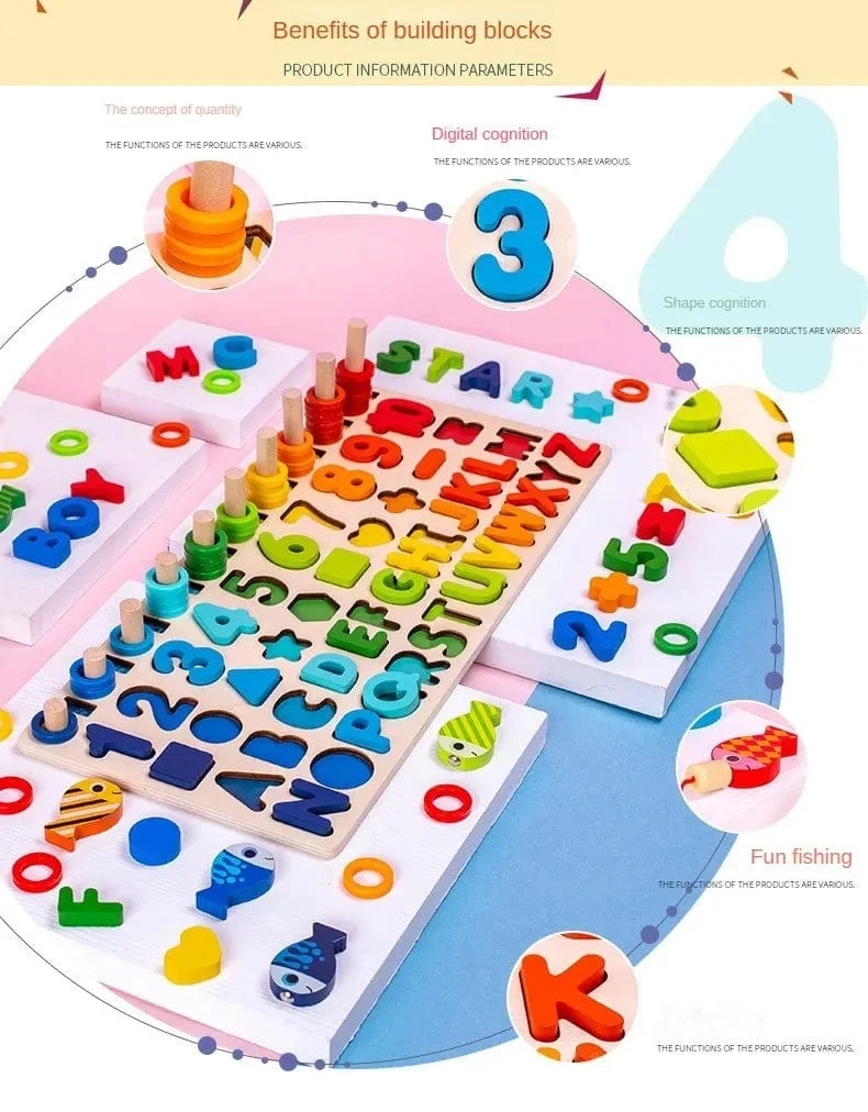 Kinder Montessori Mathe-Spielzeug für Kleinkinder, pädagogisches Holzpuzzle, Angelspielzeug, Zählen, Zahlen, Formen, passende Sortierspiele, Brettspielzeug