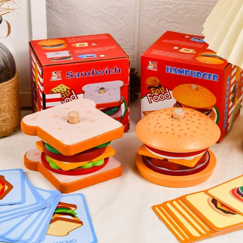 Kinder Pretend Play Küche Spielzeug Hamburger Sandwich Simulation Lebensmittel Matching Spiele Montessori Pädagogisches Holz Stapeln Spielzeug
