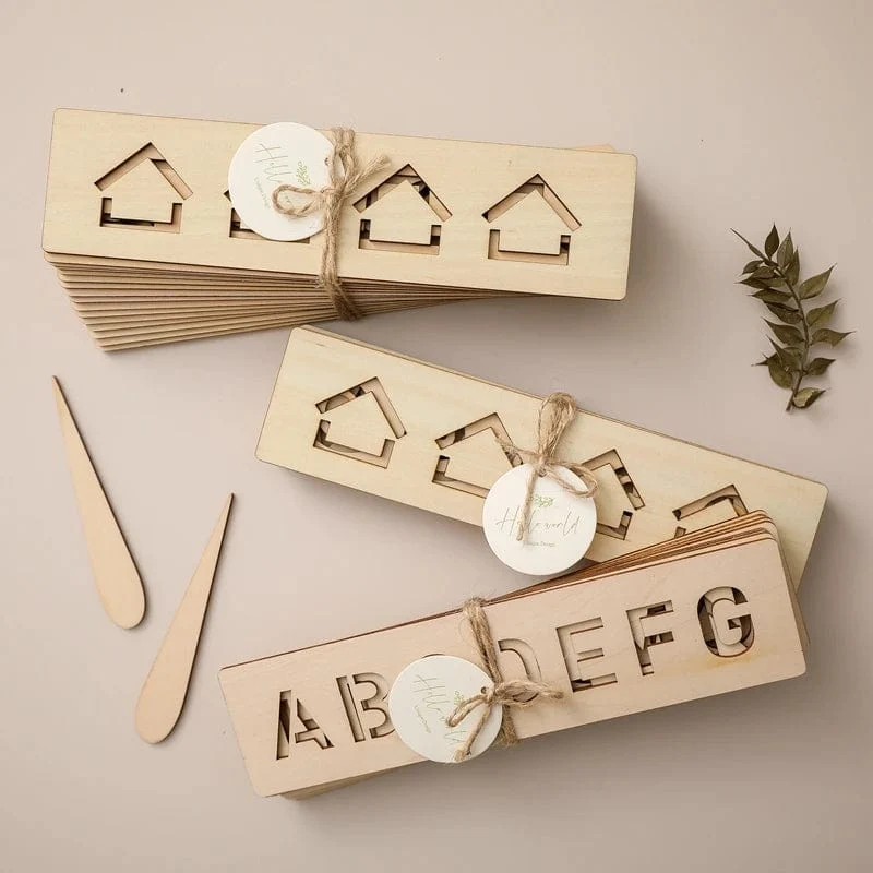 Kinder-Lernspielzeug aus Holz Montessori-Stift-Kontrolltafeln Lernen von Wort-Rechtschreibung, Buchstaben, Zahlen, Rillen, Erkenntnis, Schreibtafel