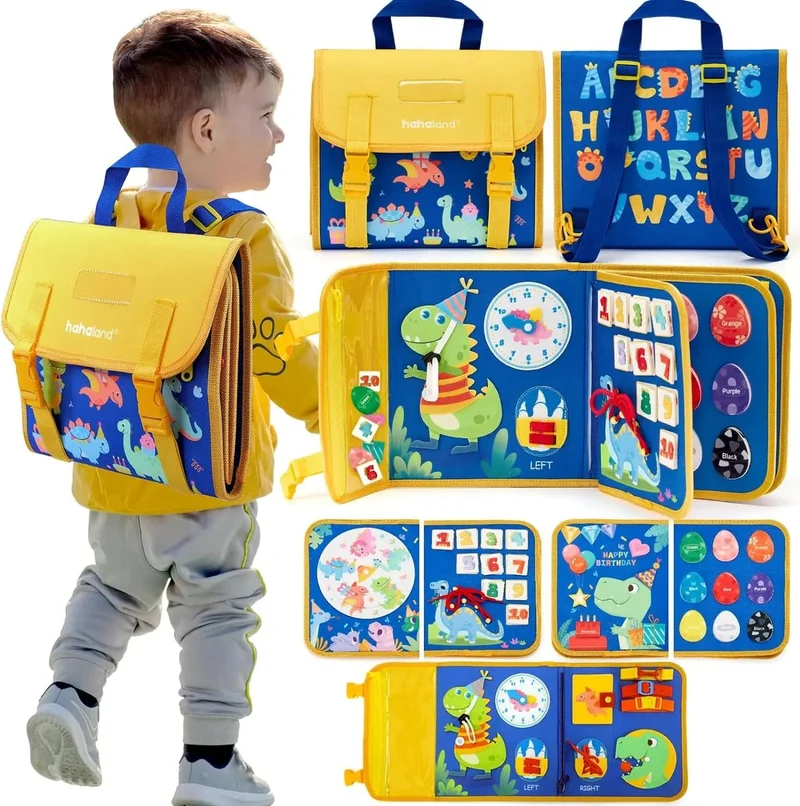 Montessori-Spielzeug für Kleinkinder, Lern- und Lernaktivitäten, Reisespielzeug, Dinosaurier, Ankleiden, sensorischer Rucksack für das Leben