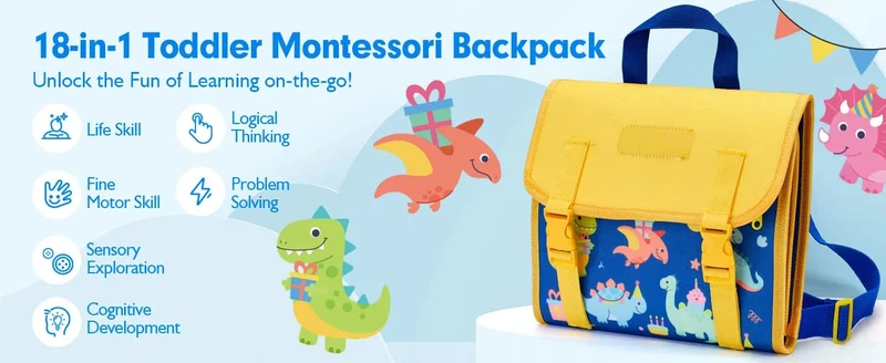 Montessori-Spielzeug für Kleinkinder, Lern- und Lernaktivitäten, Reisespielzeug, Dinosaurier, Ankleiden, sensorischer Rucksack für das Leben