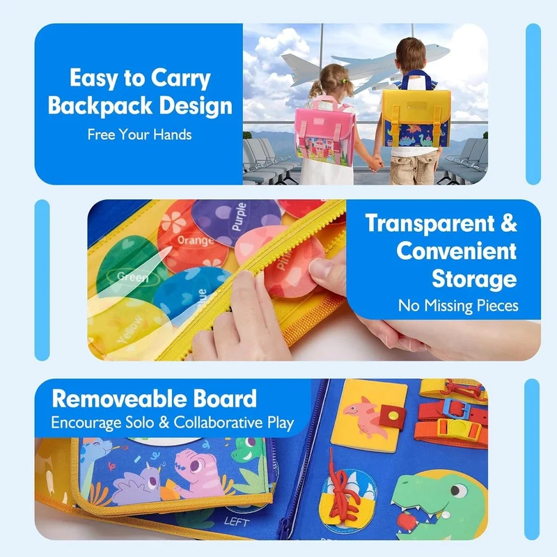 Montessori-Spielzeug für Kleinkinder, Lern- und Lernaktivitäten, Reisespielzeug, Dinosaurier, Ankleiden, sensorischer Rucksack für das Leben