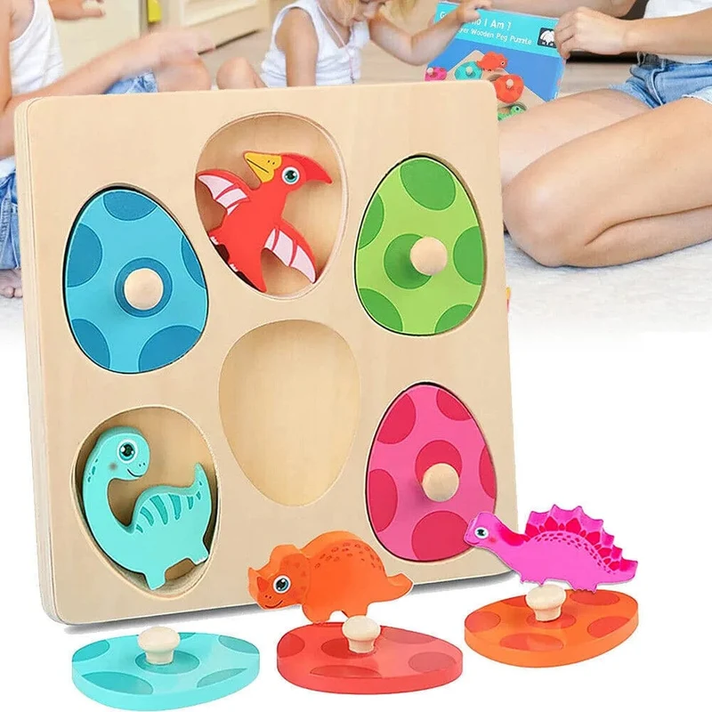 Holzpuzzle-Spielzeug mit Dinosauriern, Montessori-Steckpuzzle-Spiel für Kinder und Kleinkinder, 3D-Holz, frühes Lernen, Lernspielzeug für Geschenke