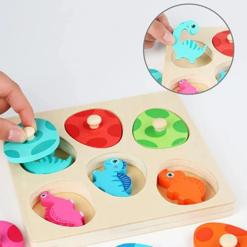 Holzpuzzle-Spielzeug mit Dinosauriern, Montessori-Steckpuzzle-Spiel für Kinder und Kleinkinder, 3D-Holz, frühes Lernen, Lernspielzeug für Geschenke