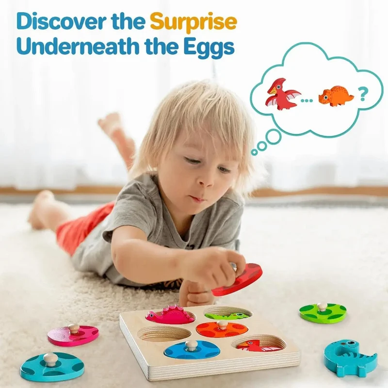 Holzpuzzle-Spielzeug mit Dinosauriern, Montessori-Steckpuzzle-Spiel für Kinder und Kleinkinder, 3D-Holz, frühes Lernen, Lernspielzeug für Geschenke