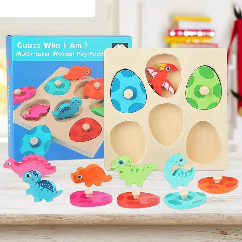 Holzpuzzle-Spielzeug mit Dinosauriern, Montessori-Steckpuzzle-Spiel für Kinder und Kleinkinder, 3D-Holz, frühes Lernen, Lernspielzeug für Geschenke