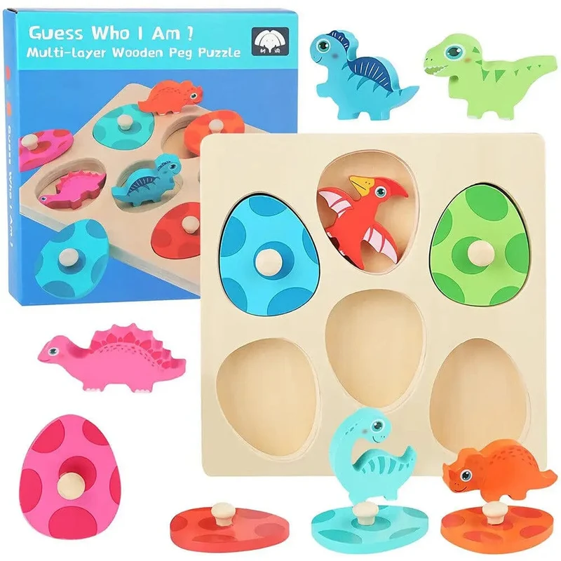 Holzpuzzle-Spielzeug mit Dinosauriern, Montessori-Steckpuzzle-Spiel für Kinder und Kleinkinder, 3D-Holz, frühes Lernen, Lernspielzeug für Geschenke