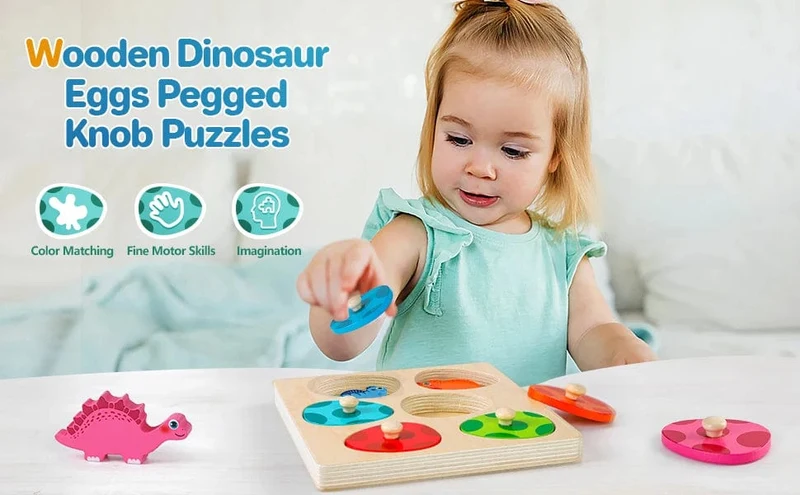 Holzpuzzle-Spielzeug mit Dinosauriern, Montessori-Steckpuzzle-Spiel für Kinder und Kleinkinder, 3D-Holz, frühes Lernen, Lernspielzeug für Geschenke