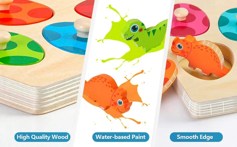 Holzpuzzle-Spielzeug mit Dinosauriern, Montessori-Steckpuzzle-Spiel für Kinder und Kleinkinder, 3D-Holz, frühes Lernen, Lernspielzeug für Geschenke