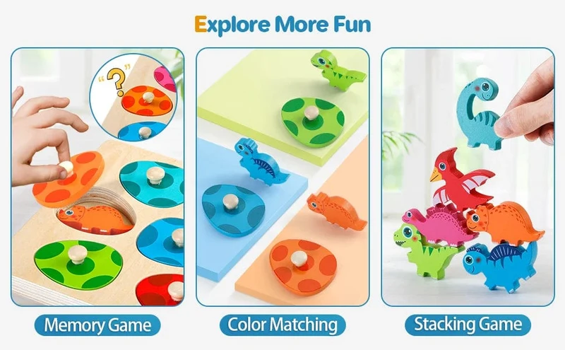 Holzpuzzle-Spielzeug mit Dinosauriern, Montessori-Steckpuzzle-Spiel für Kinder und Kleinkinder, 3D-Holz, frühes Lernen, Lernspielzeug für Geschenke