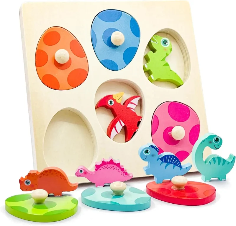 Holzpuzzle-Spielzeug mit Dinosauriern, Montessori-Steckpuzzle-Spiel für Kinder und Kleinkinder, 3D-Holz, frühes Lernen, Lernspielzeug für Geschenke