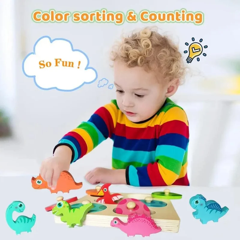 Holzpuzzle-Spielzeug mit Dinosauriern, Montessori-Steckpuzzle-Spiel für Kinder und Kleinkinder, 3D-Holz, frühes Lernen, Lernspielzeug für Geschenke