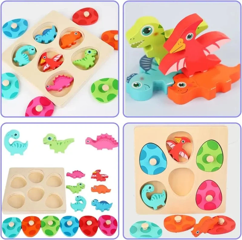 Holzpuzzle-Spielzeug mit Dinosauriern, Montessori-Steckpuzzle-Spiel für Kinder und Kleinkinder, 3D-Holz, frühes Lernen, Lernspielzeug für Geschenke