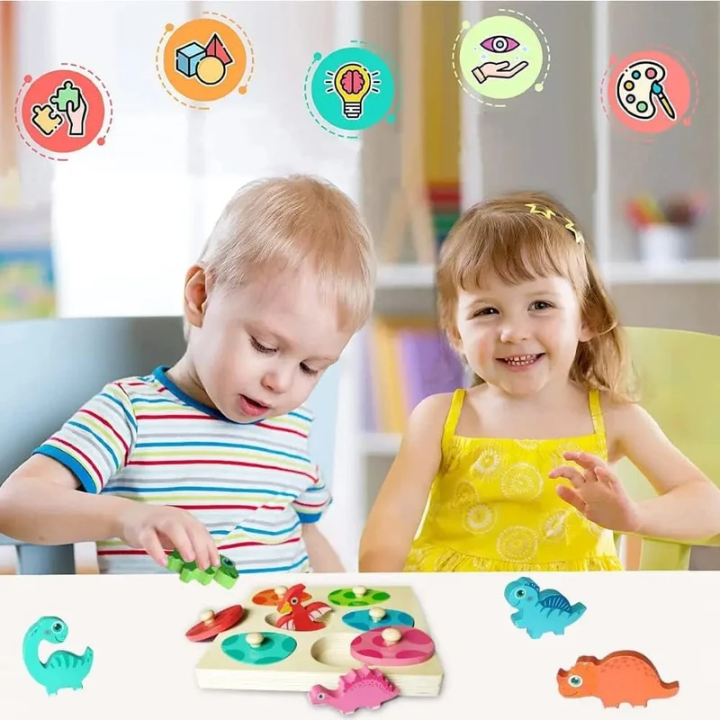 Holzpuzzle-Spielzeug mit Dinosauriern, Montessori-Steckpuzzle-Spiel für Kinder und Kleinkinder, 3D-Holz, frühes Lernen, Lernspielzeug für Geschenke
