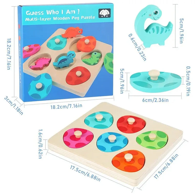 Holzpuzzle-Spielzeug mit Dinosauriern, Montessori-Steckpuzzle-Spiel für Kinder und Kleinkinder, 3D-Holz, frühes Lernen, Lernspielzeug für Geschenke