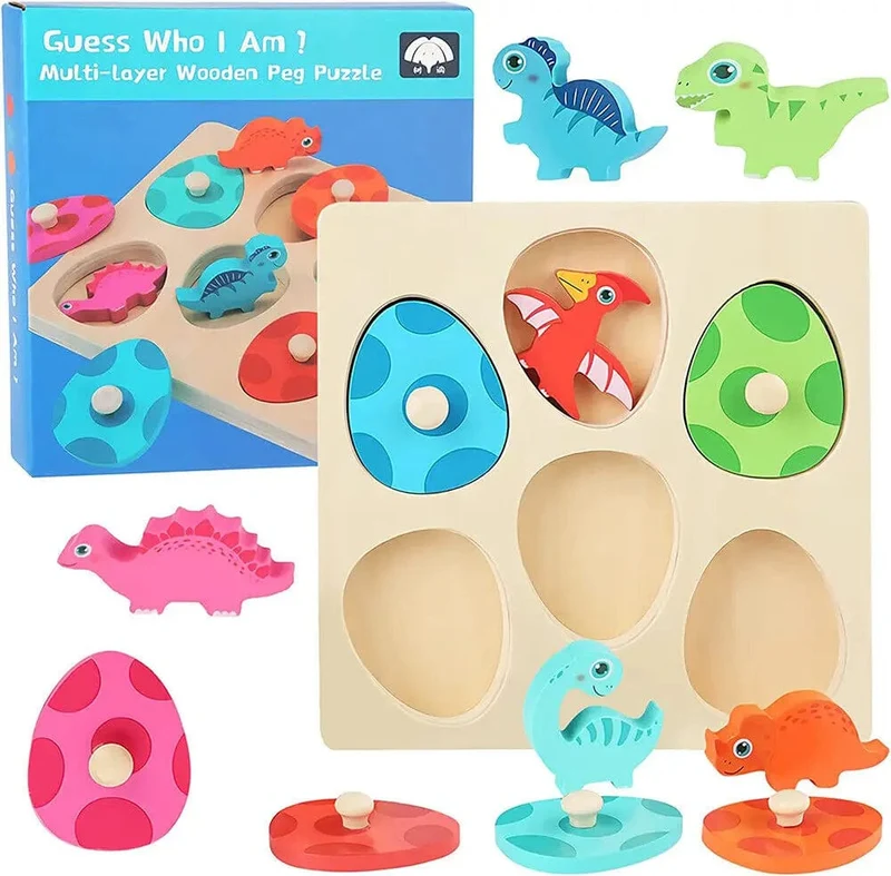Holzpuzzle-Spielzeug mit Dinosauriern, Montessori-Steckpuzzle-Spiel für Kinder und Kleinkinder, 3D-Holz, frühes Lernen, Lernspielzeug für Geschenke